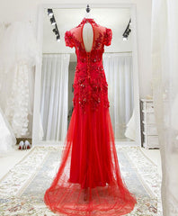 Red Tulle Lace Long Prom Dress Outfits For Girls, Red Lace Tulle Formal Dress