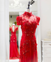 Red Tulle Lace Long Prom Dress Outfits For Girls, Red Lace Tulle Formal Dress