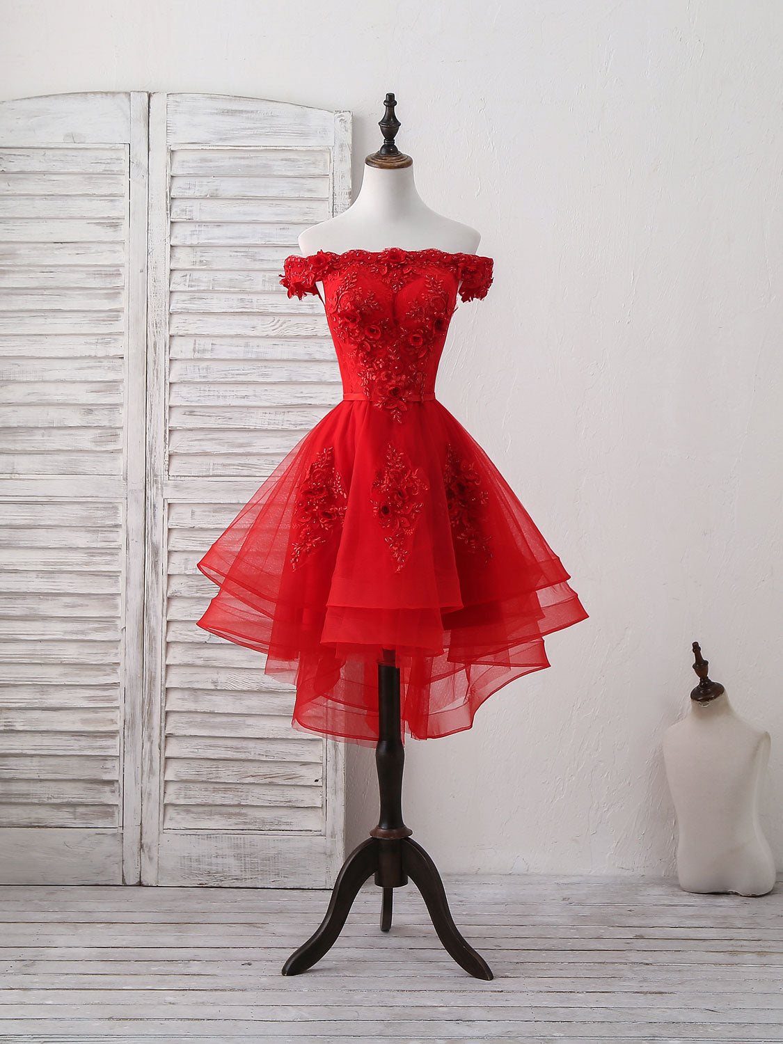 Red Tulle Lace Off Shoulder Short Prom Dress Outfits For Girls, Red Homecoming Dress