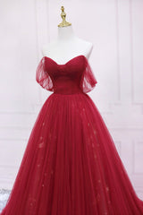 Red Tulle Long A-Line Prom Dress Outfits For Girls, Off the Shoulder Formal Evening Dress