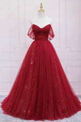 Red Tulle Long A-Line Prom Dress Outfits For Girls, Off the Shoulder Formal Evening Dress