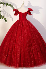 Red Tulle Sequins Long Formal Dress Outfits For Girls, Off the Shoulder Evening Dress