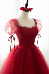 Red Tulle Short Sleeve Prom Dress Outfits For Girls, A-Line Floor Length Evening Graduation Dress