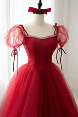 Red Tulle Short Sleeve Prom Dress Outfits For Girls, A-Line Floor Length Evening Graduation Dress