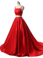 Red Two Pieces Satin Long Prom Dress Outfits For Girls, Red Satin Formal Evening Dress