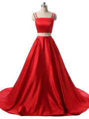 Red Two Pieces Satin Long Prom Dress Outfits For Girls, Red Satin Formal Evening Dress