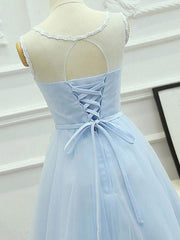 Round Neck Short Blue Lace Prom Dresses For Black girls For Women, Short Light Blue Lace Formal Graduation Dresses