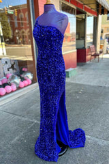 Royal Blue Sequin One-Shoulder Backless Long Prom Dresses For Black girls with Slit,Evening Party Dress