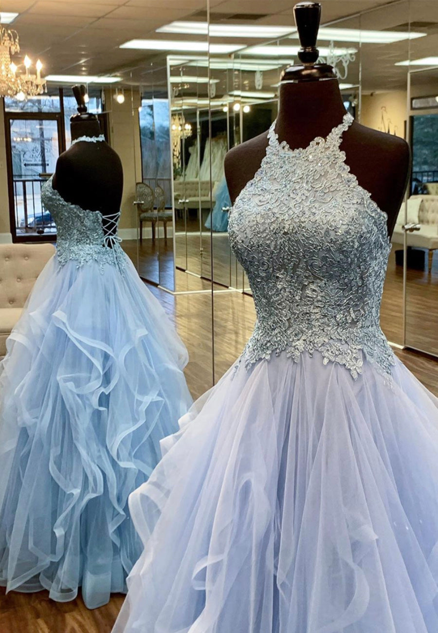 Blue Tulle Long A-Line Prom Dresses, Lace Evening Dresses