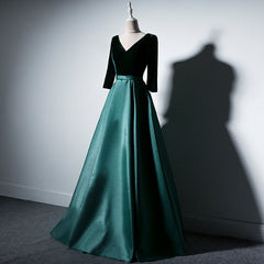 Satin and Velvet Short Sleeves Prom Dress Outfits For Girls, A-line Green Party Dress