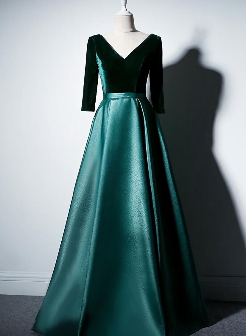 Satin and Velvet Short Sleeves Prom Dress Outfits For Girls, A-line Green Party Dress