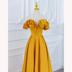Satin Dark Yellow Off Shoulder Party Dress Outfits For Girls, A-line Satin Prom Dress