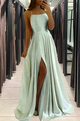 Satin Sage Green Prom Dress Beach Maxi Women Dress, Straps Evening Cheap Bridesmaid Dresses