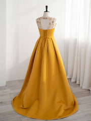 Scoop Neckline Satin Yellow Long Prom Dresses For Black girls For Women, Yellow Formal with Beading Sequin