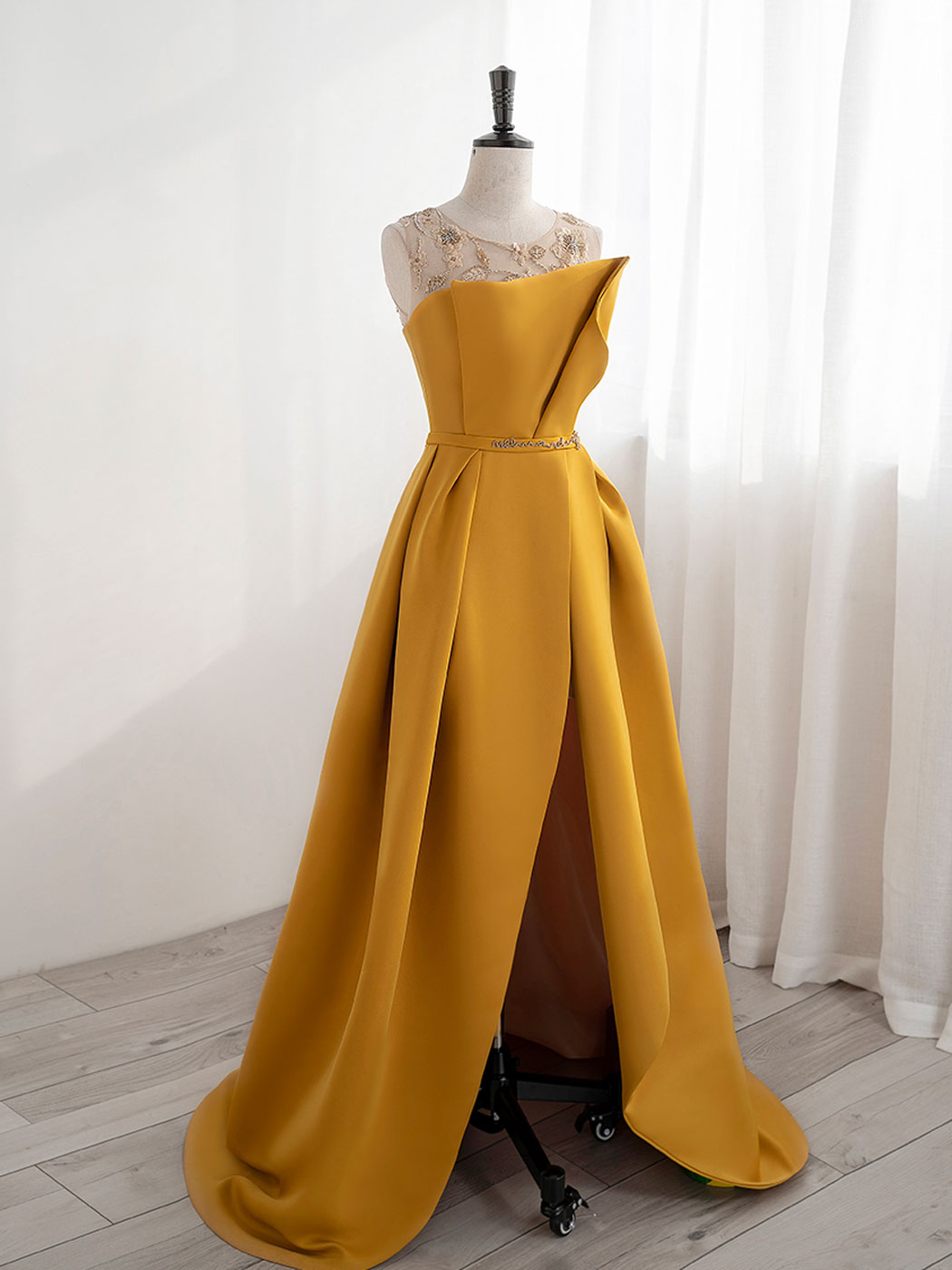 Scoop Neckline Satin Yellow Long Prom Dresses For Black girls For Women, Yellow Formal with Beading Sequin