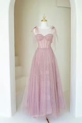 Scoop Neckline Tulle Pink Long Prom Dress Outfits For Girls, Cute A-Line Evening Party Dress