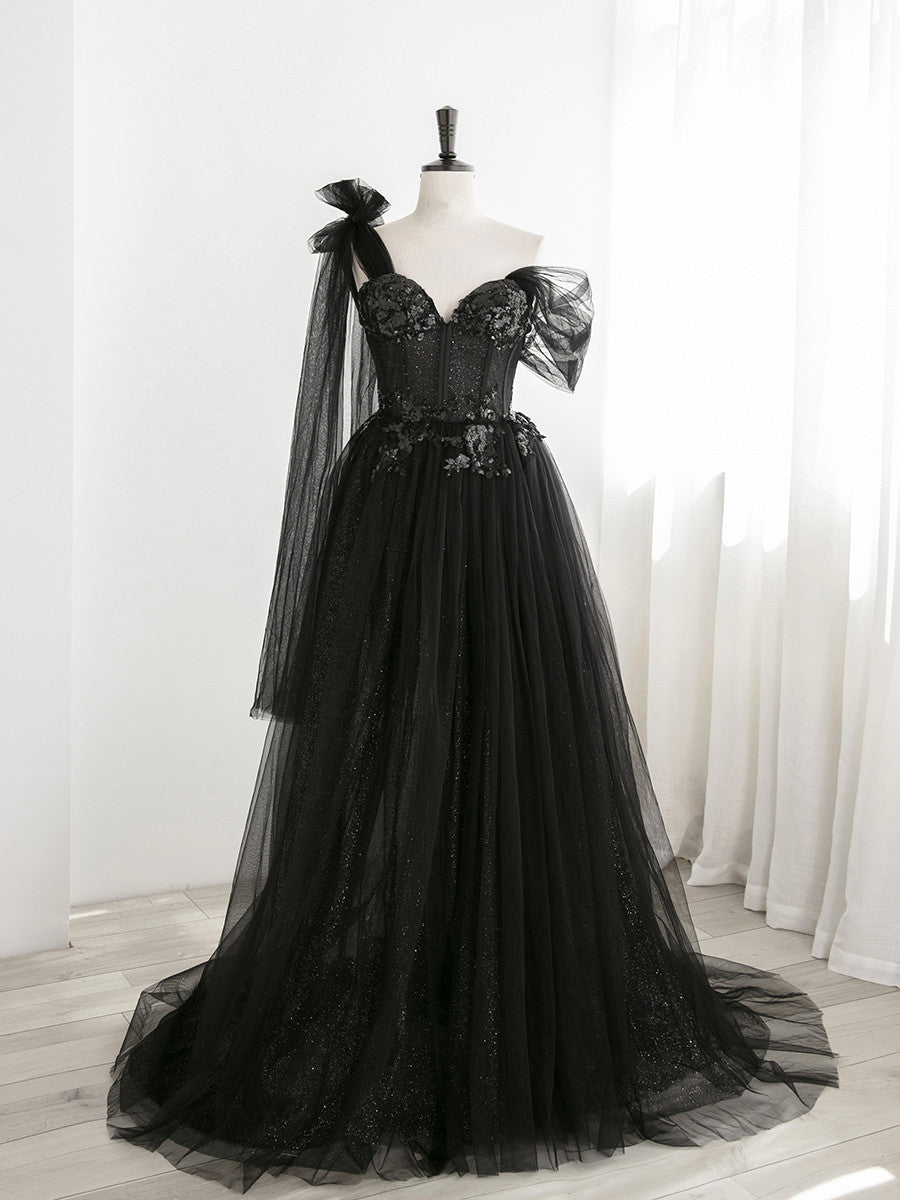 Sexy Black One Shoulder Tulle Sweetheart Sequins Party Dress Outfits For Girls, Black Evening Gown