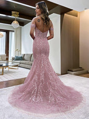 Sheath Off-the-Shoulder Court Train Lace Prom Dresses For Black girls With Appliques Lace