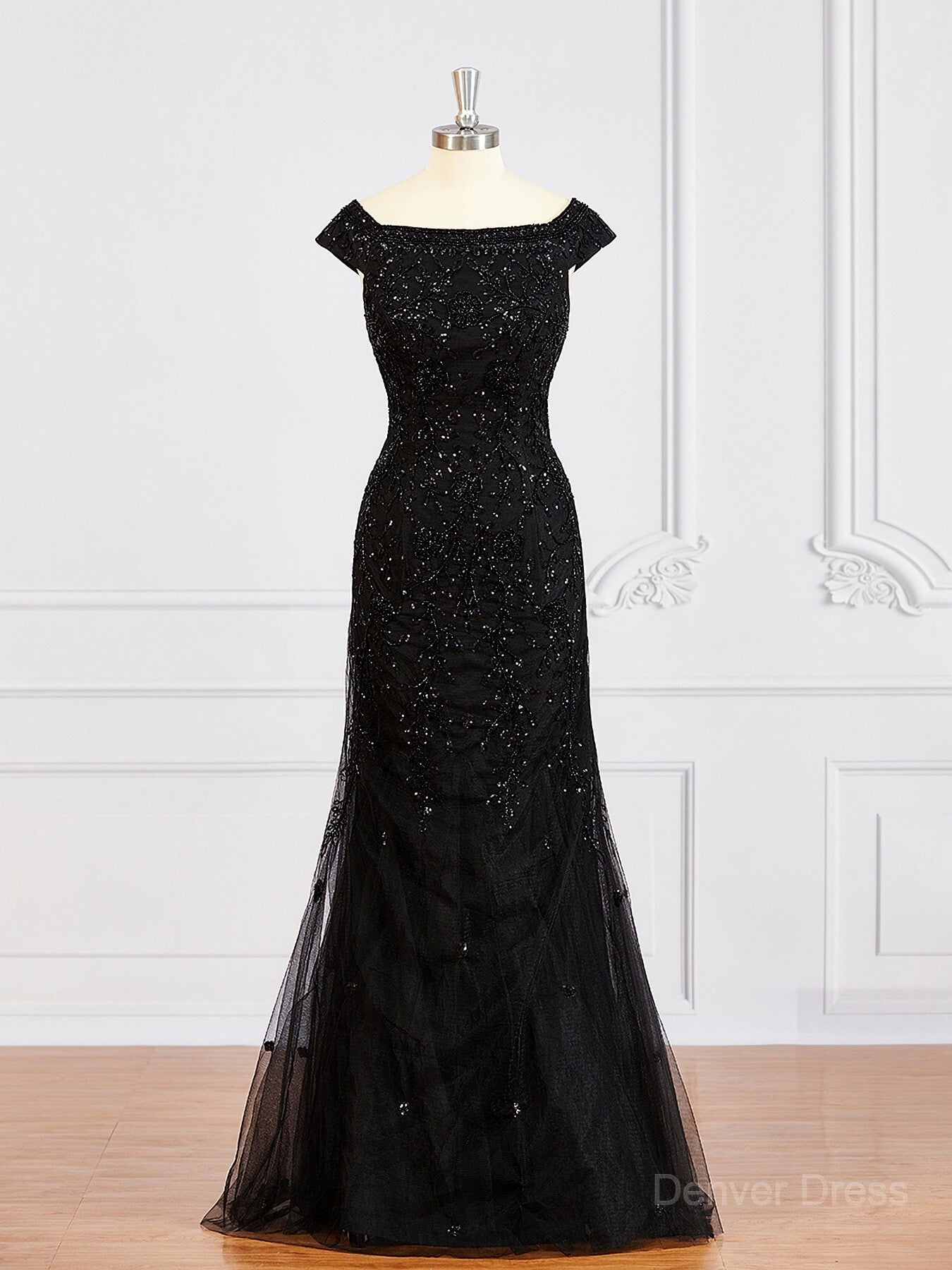 Sheath Off-the-Shoulder Floor-Length Tulle Mother of the Bride Dresses For Black girls With Beading