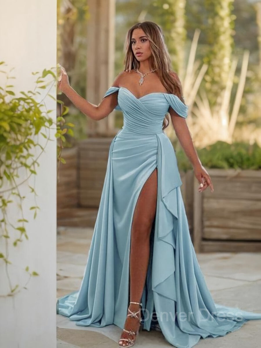 Sheath Off-the-Shoulder Sweep Train Jersey Prom Dresses For Black girls With Leg Slit