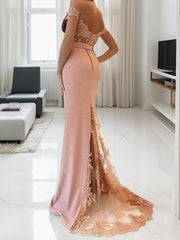Sheath Off-the-Shoulder Sweep Train Stretch Crepe Evening Dresses For Black girls With Appliques Lace