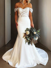 Sheath Off-the-Shoulder Sweep Train Stretch Crepe Wedding Dresses For Black girls With Appliques Lace