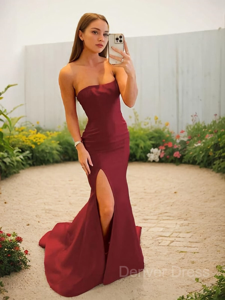 Sheath Strapless Sweep Train Stretch Crepe Evening Dresses For Black girls With Leg Slit
