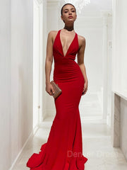 Sheath V-neck Sweep Train Jersey Prom Dresses For Black girls With Ruffles