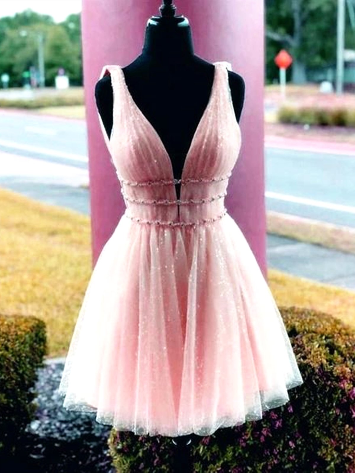 Shiny A Line V Neck Short Pink Prom Dresses For Black girls For Women, Shiny Short Pink Formal Homecoming Dresses