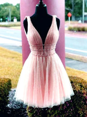 Shiny A Line V Neck Short Pink Prom Dresses For Black girls For Women, Shiny Short Pink Formal Homecoming Dresses
