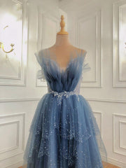 Shiny Blue Beaded Puffy Long Prom Dresses For Black girls For Women, Blue Beaded Long Formal Graduation Dresses
