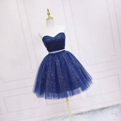Shiny Blue Tulle Sweetheart Homecoming Dress Outfits For Women Party Dress Outfits For Girls, Navy Blue Short Prom Dress