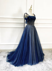 Shiny Navy Blue Tulle Straps Long Prom Dresses For Black girls Party Dresses For Black girls For Women, A-line Beaded Prom Dresses