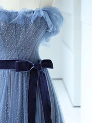 Shiny Off the Shoulder Blue Tulle Prom Dresses For Black girls For Women, Blue Long Formal Evening Dresses