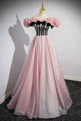 Shiny Tulle Long A-Line Pink Corset Prom Dress Outfits For Girls, Off the Shoulder Evening Party Dress
