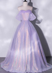 Shiny tulle sequins long purple prom Dress Outfits For Women A-line evening dress