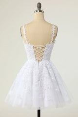 Short A-line V-neck Tulle Lace Backless Prom Dress Outfits For Women white Homecoming Dresses