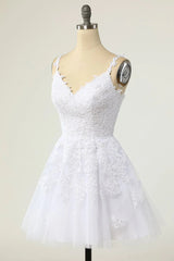 Short A-line V-neck Tulle Lace Backless Prom Dress Outfits For Women white Homecoming Dresses