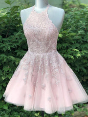 Short Halter Neck Pink Lace Prom Dresses For Black girls For Women, Halter Neck Short Pink Lace Graduation Homecoming Dresses