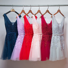 Short V-neckline Tulle with Applique Short Formal Dress Outfits For Girls, Cute Party Dress