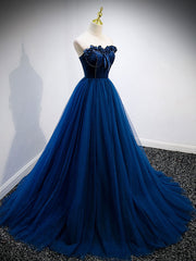 Simple A Line Blue Tulle Long Prom Dress Outfits For Girls, Blue Tulle Formal Dress