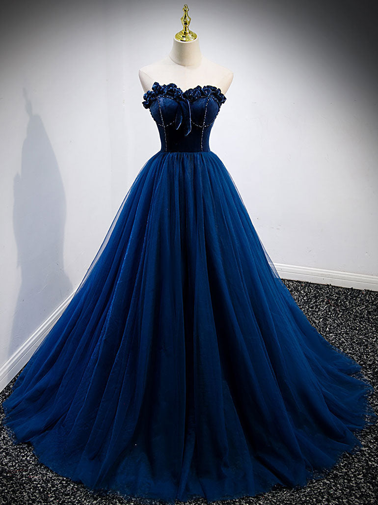 Simple A Line Blue Tulle Long Prom Dress Outfits For Girls, Blue Tulle Formal Dress