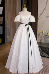 Simple A-Line Jacquard Fabric Long Prom Dress Outfits For Girls, Off the Shoulder Evening Dress