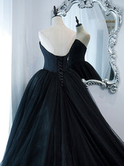 Simple Black Sweetheart Neck Tulle Long Prom Dress Outfits For Girls, Black Evening Dresses