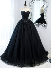 Simple Black Sweetheart Neck Tulle Long Prom Dress Outfits For Girls, Black Evening Dresses