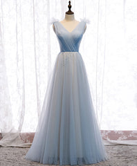 Simple Blue V Neck Tulle Long Prom Dress Outfits For Girls, Blue Formal Party Dresses