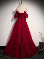 Simple Burgundy Tulle Long Prom Dress Outfits For Girls, A line Burgundy Evening Dresses