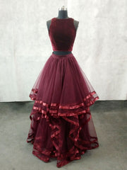 Simple Burgundy Two Pieces Tulle Long Prom Dress Outfits For Girls, Burgundy Evening Dress