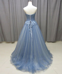 Simple gray blue tulle lace applique long prom dress, tulle evening dress