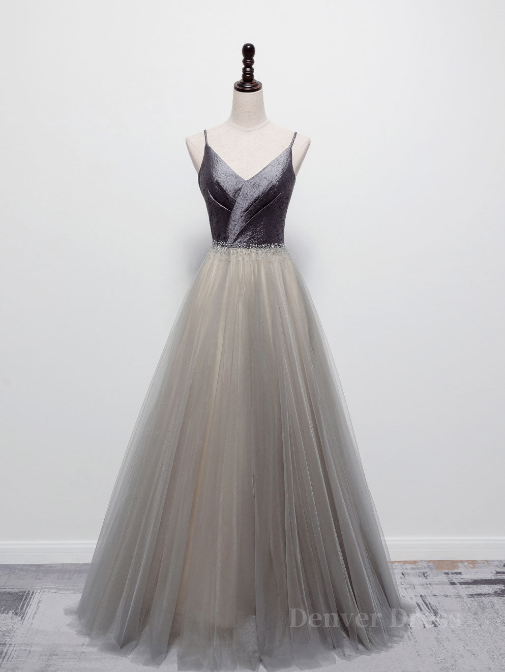 Simple gray v neck tulle long prom dress, gray tulle formal dress
